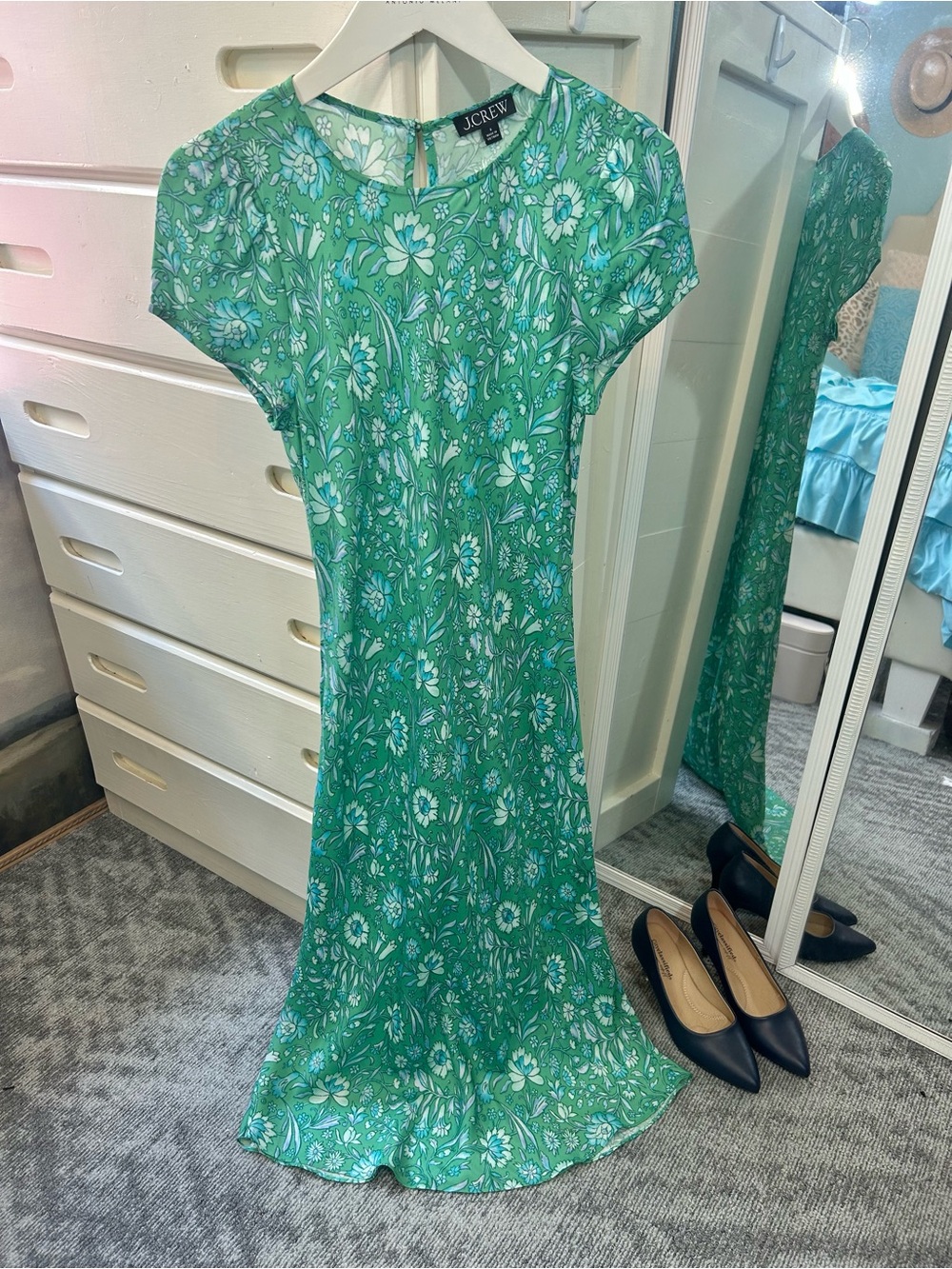 J. Crew Marigold Blooms Print Green Floral Cap Sleeve Spring Midi Dress✨